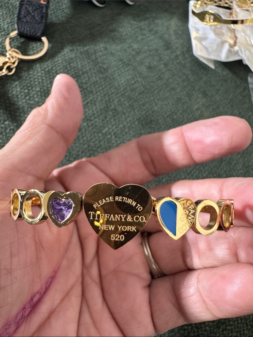 Gold Heart Link Bracelet with Blue and Purple Accents